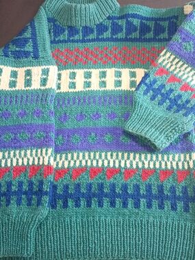 Teal Multi-Pattern Crewneck Sweater. Hand Spun & Knit In Ecuador. One Of A Kind!